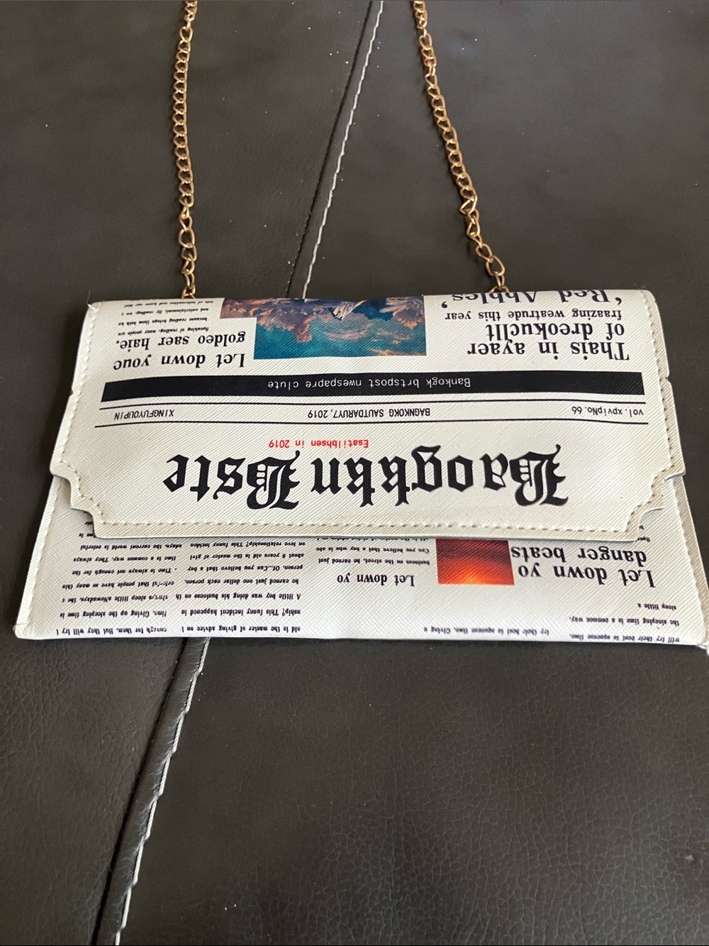 Newspaper Print White Clutch with Gold Chain Strap